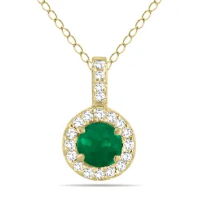 1/2 Carat Tw Halo Emerald And Diamond Pendant In 10K Yellow Gold