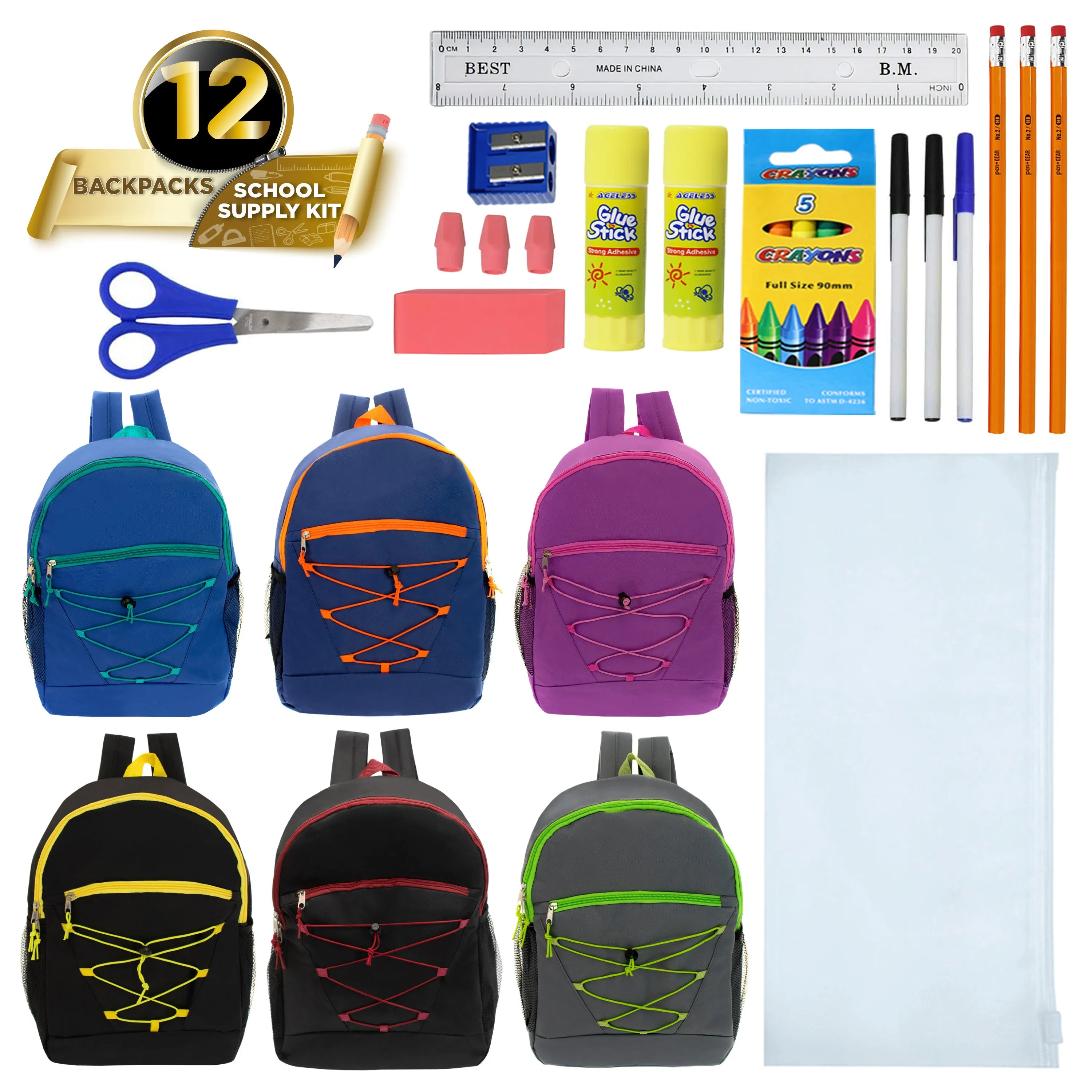 12 Wholesale 17" Bungee Backpacks in 6 Colors & 12 Bulk School Supply Kits of Your Choice