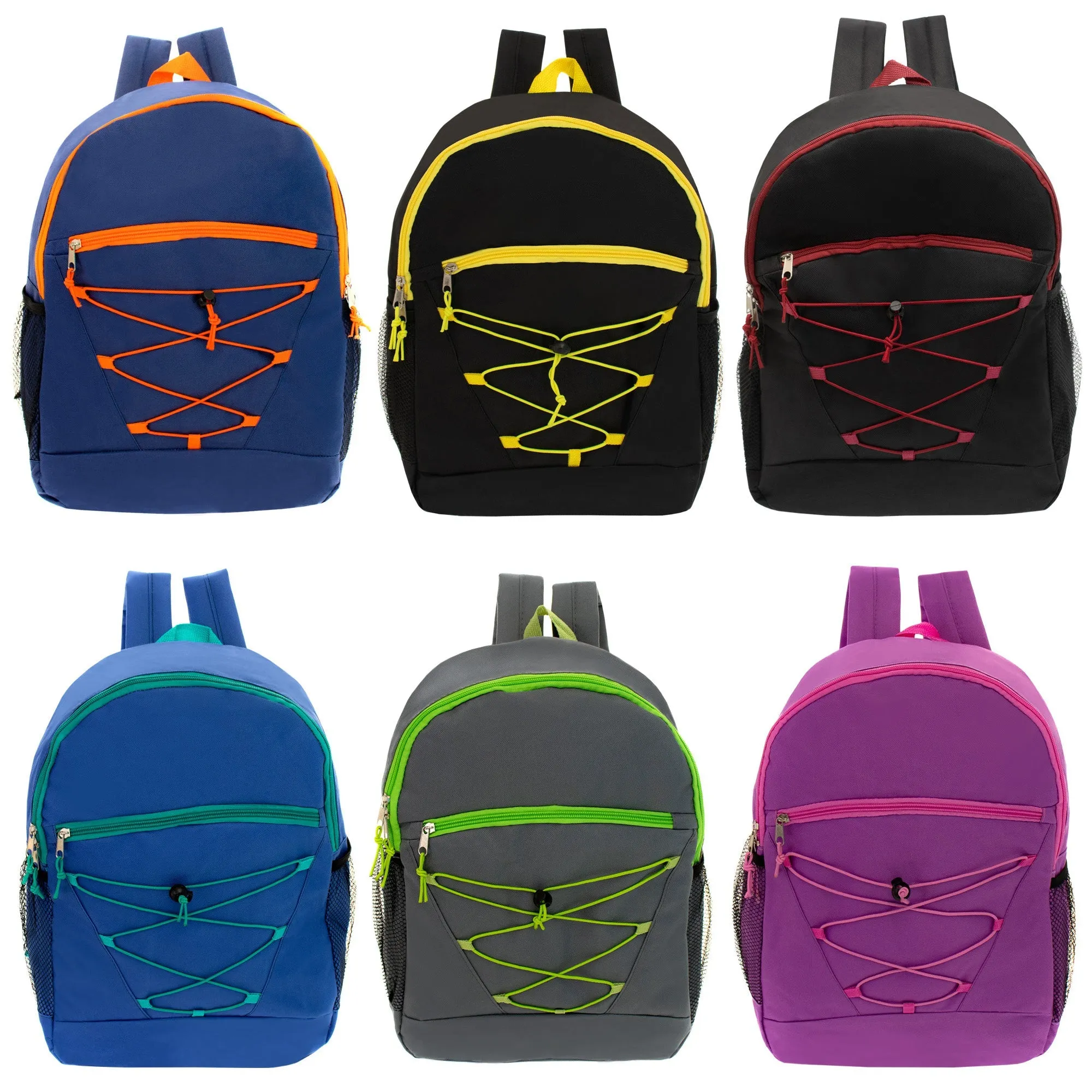 12 Wholesale 17" Bungee Backpacks in 6 Colors & 12 Bulk School Supply Kits of Your Choice