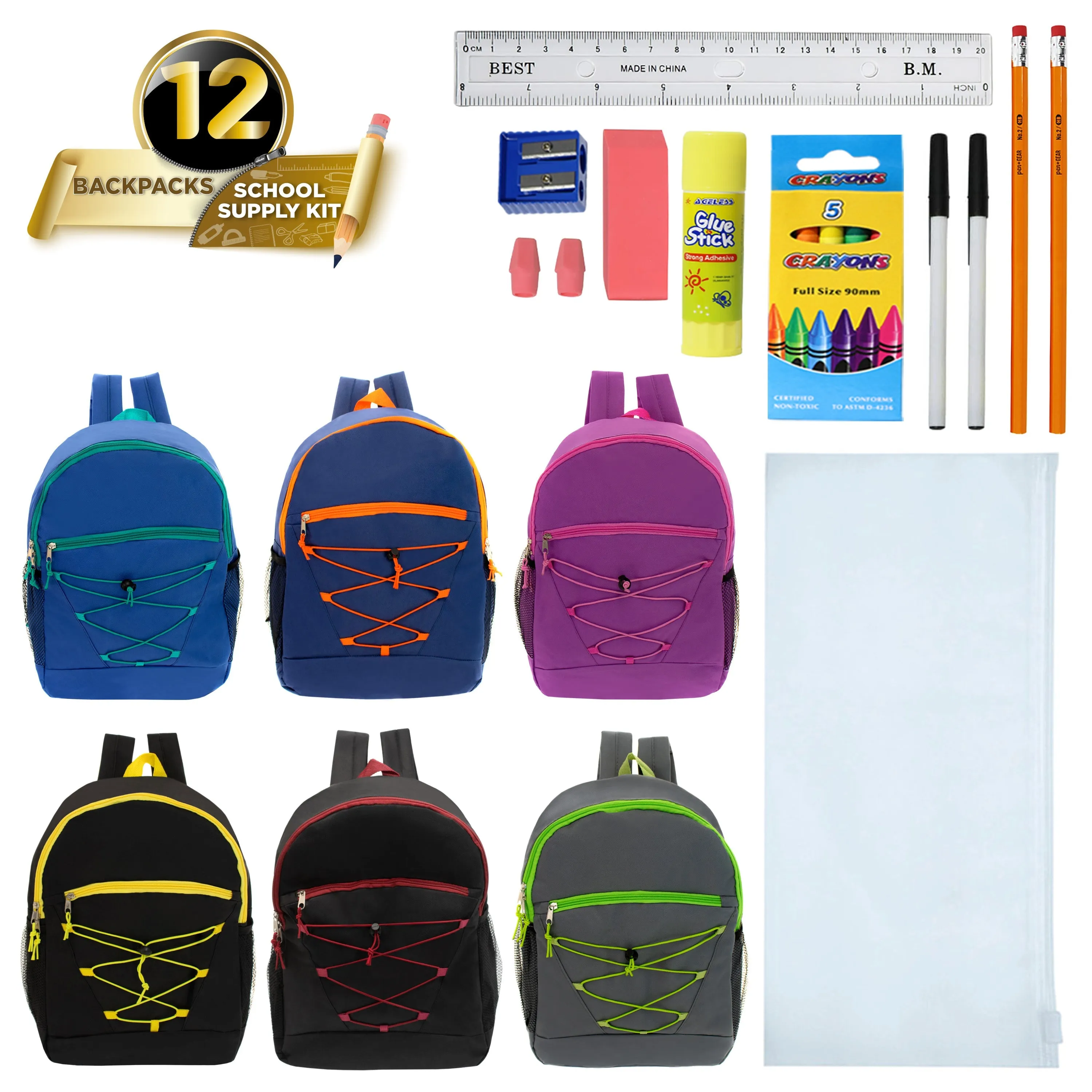 12 Wholesale 17" Bungee Backpacks in 6 Colors & 12 Bulk School Supply Kits of Your Choice