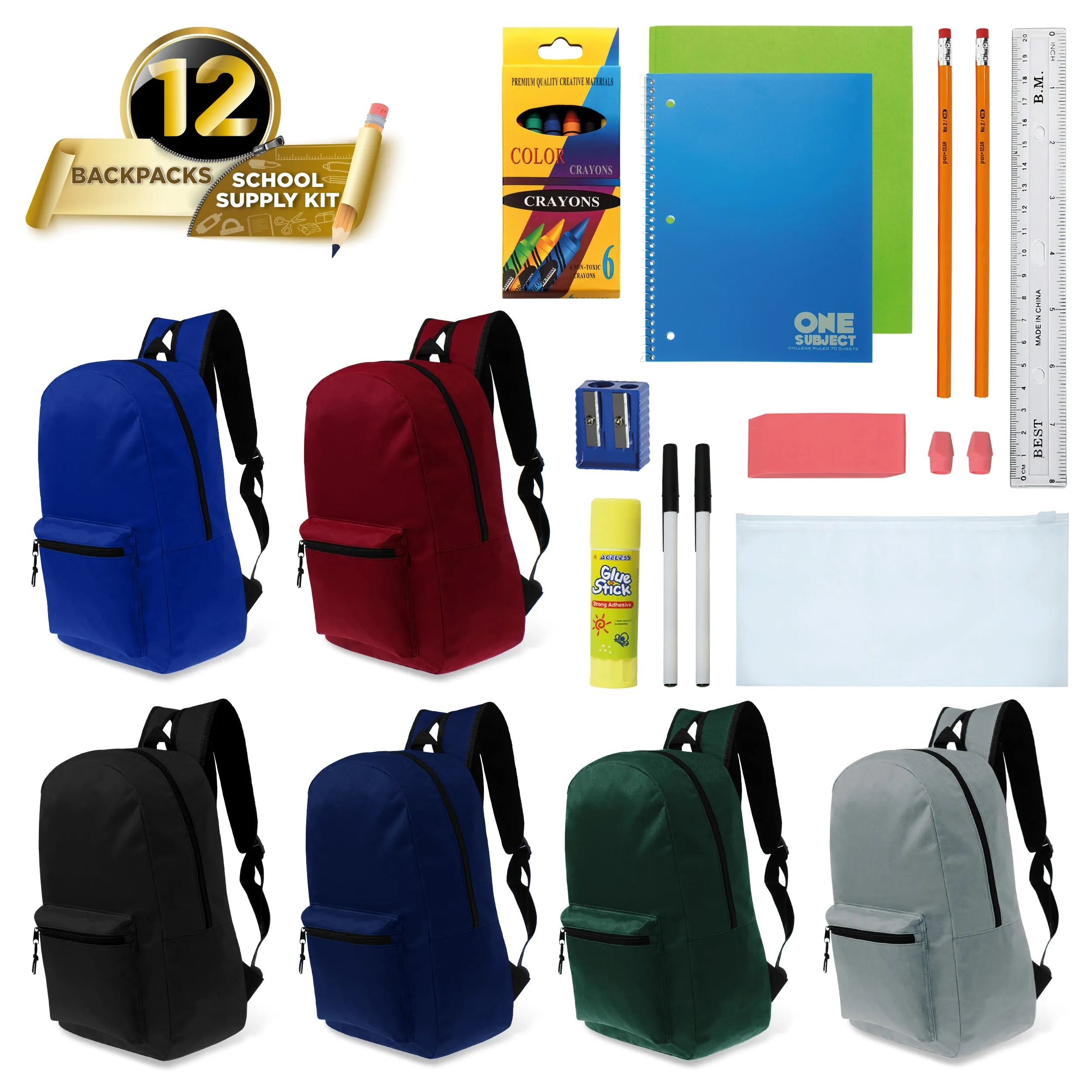 12 Wholesale Classic 15" Backpacks in Assorted Colors and 12 Bulk School Supply Kits of Your Choice