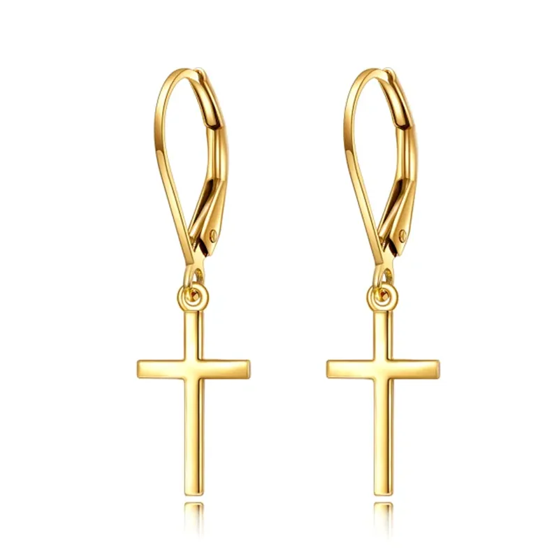 14K Solid Gold Cross Dangle Drop Leverback Earrings Jewelry for Women