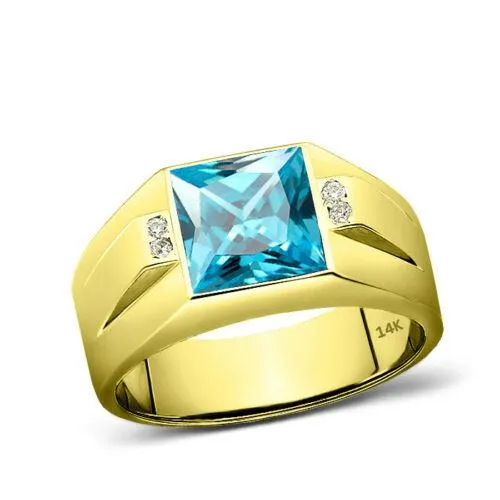 14K Solid Yellow Gold Blue Topaz 4 Diamond Accents Mens Ring