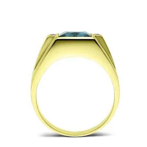 14K Solid Yellow Gold Blue Topaz 4 Diamond Accents Mens Ring