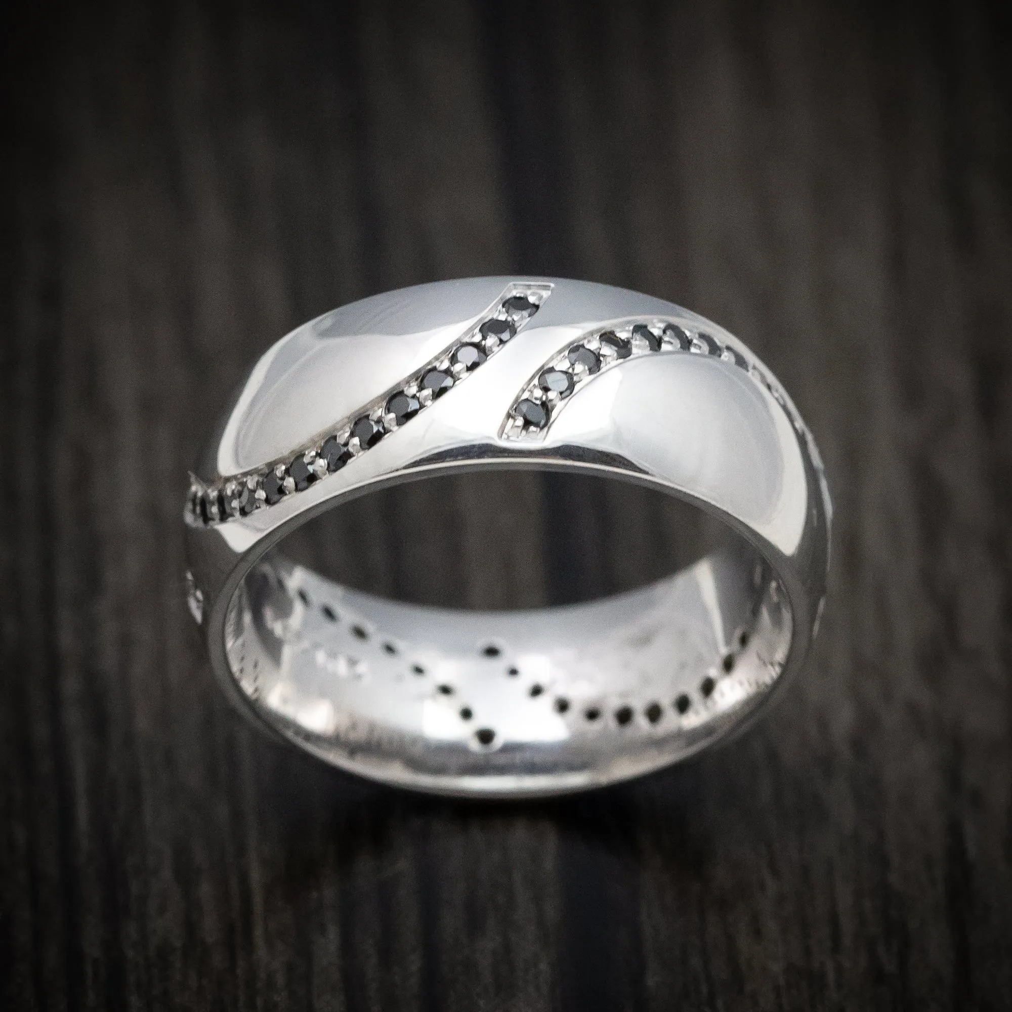 14K White Gold Double Stitch Baseball Men's Ring with Black Diamond Stitching Custom Made Band