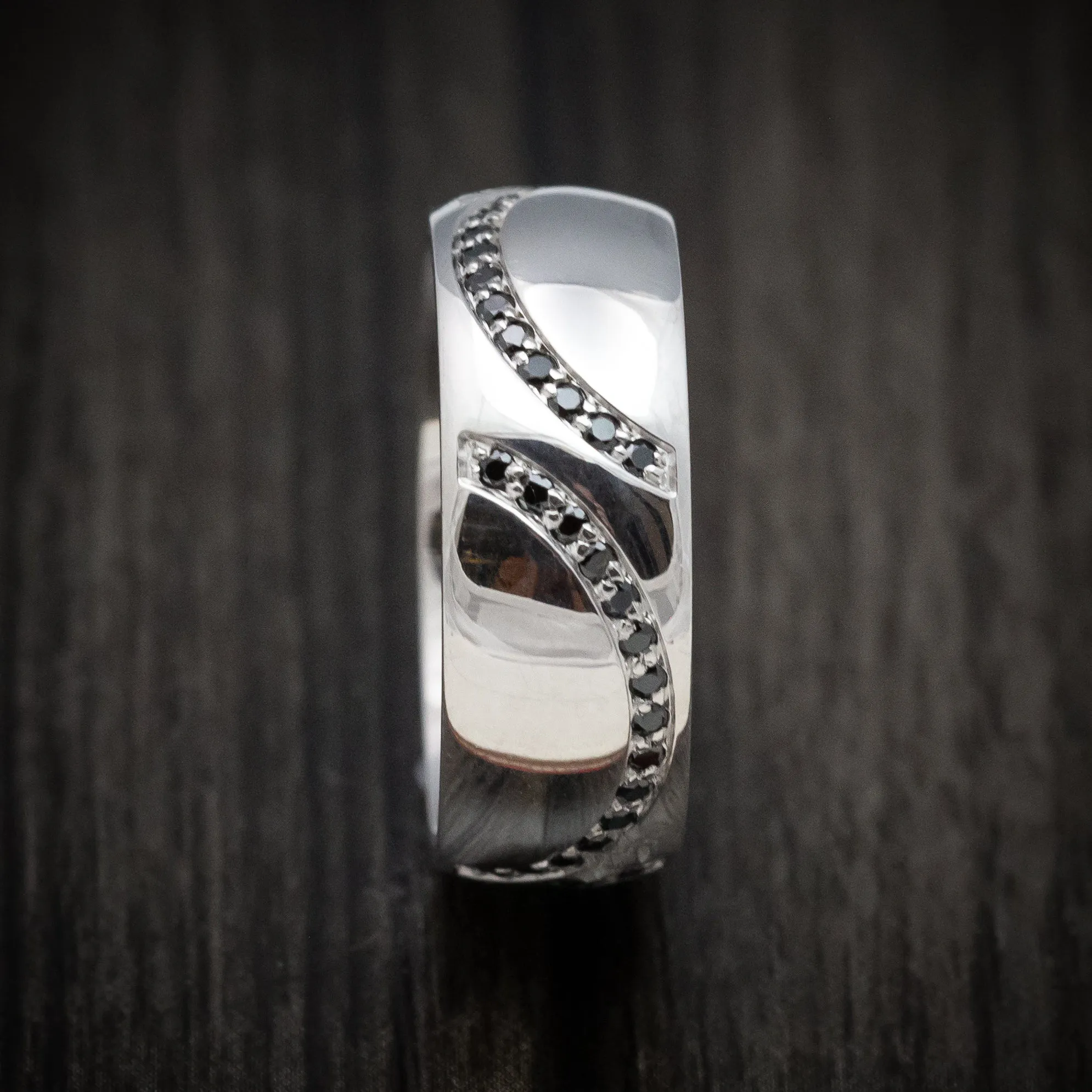 14K White Gold Double Stitch Baseball Men's Ring with Black Diamond Stitching Custom Made Band