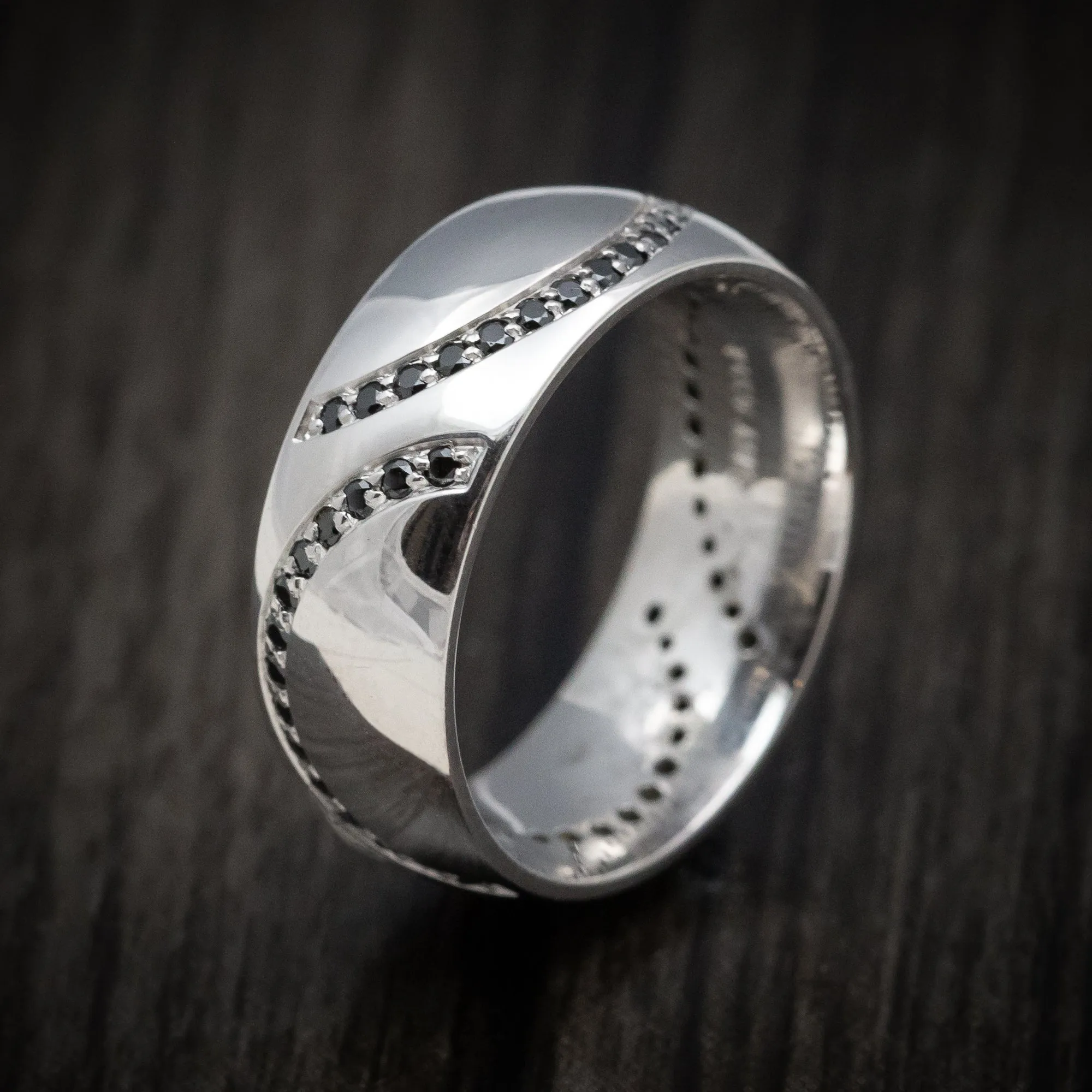 14K White Gold Double Stitch Baseball Men's Ring with Black Diamond Stitching Custom Made Band