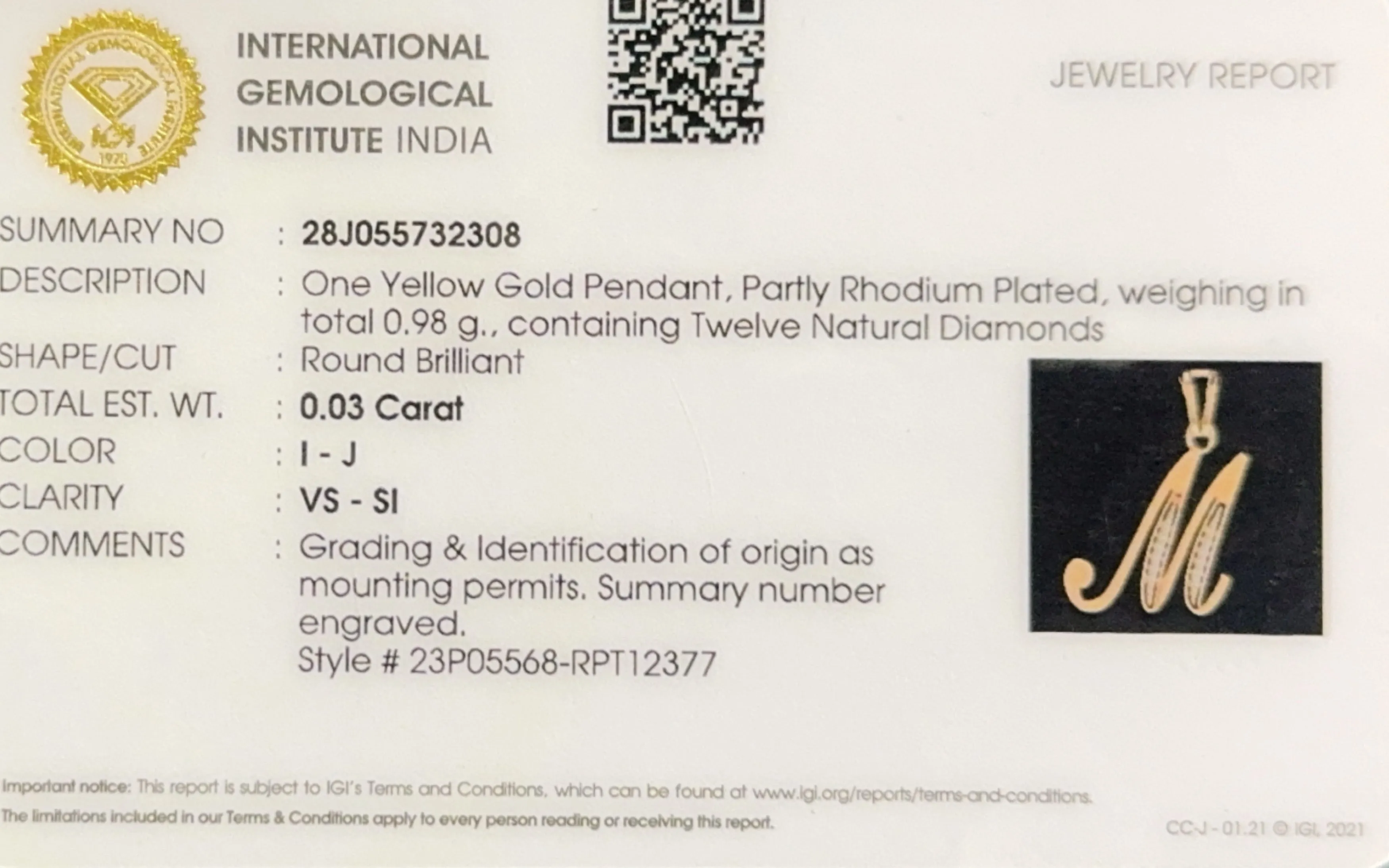 18K solid Yellow gold natural diamonds M letter with IGI Certificate FREE chain