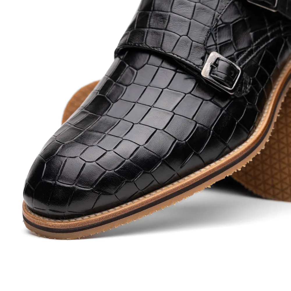 55-112-BLK LEGERRA Hand Burnished Crocodile Print Monkstrap Black