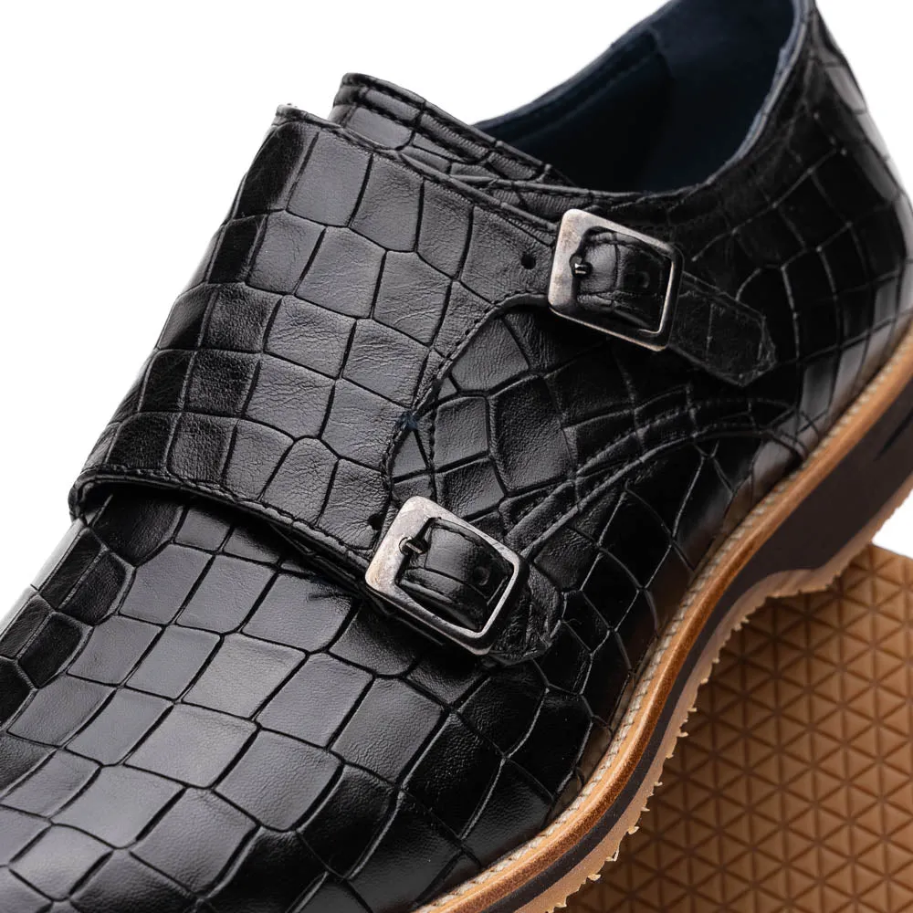 55-112-BLK LEGERRA Hand Burnished Crocodile Print Monkstrap Black