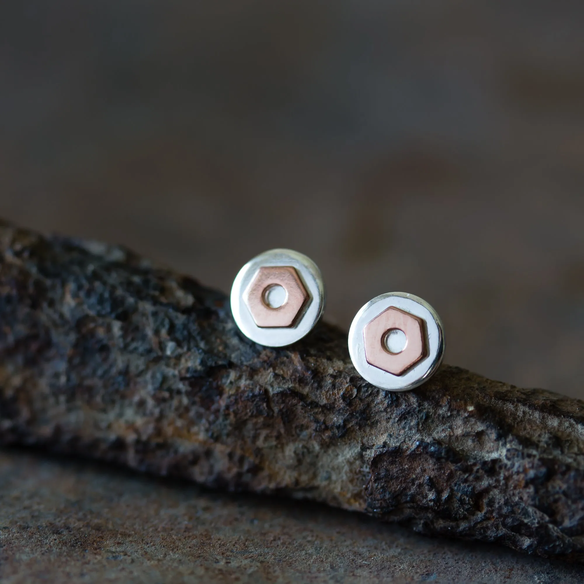 6.5mm Hex Nut Stud Earrings, Sterling Silver and Copper