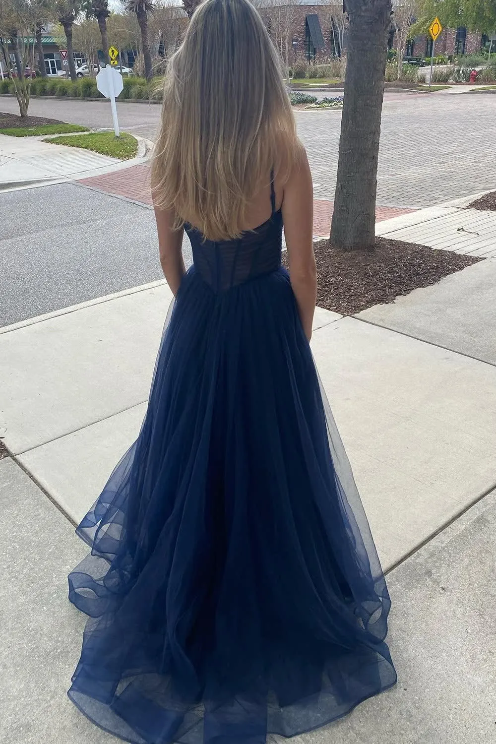 A Line Spaghetti Straps Navy Long Prom Dress