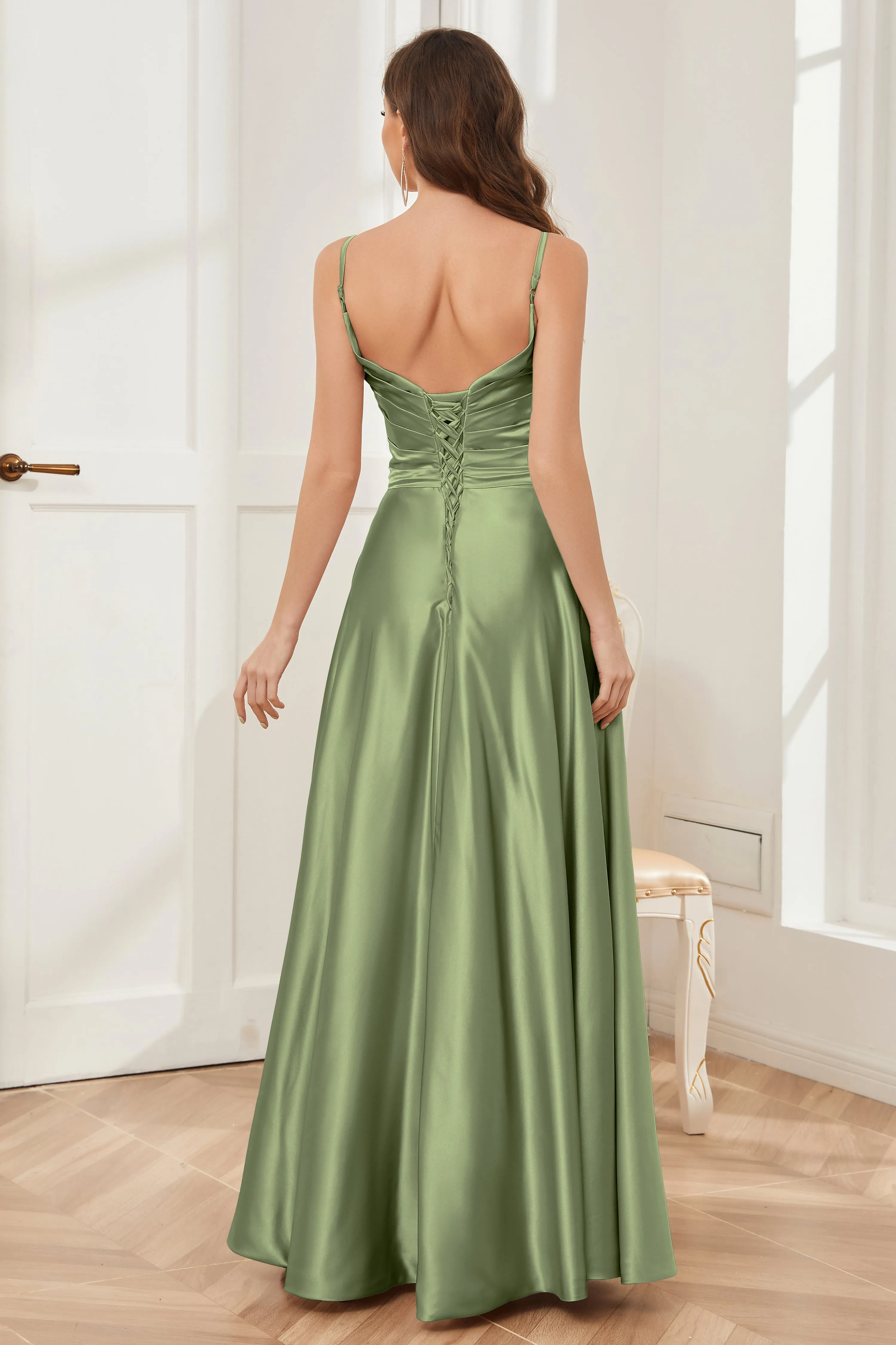 A-line V-neck Soft Satin Long Bridesmaid Dress with Pockets