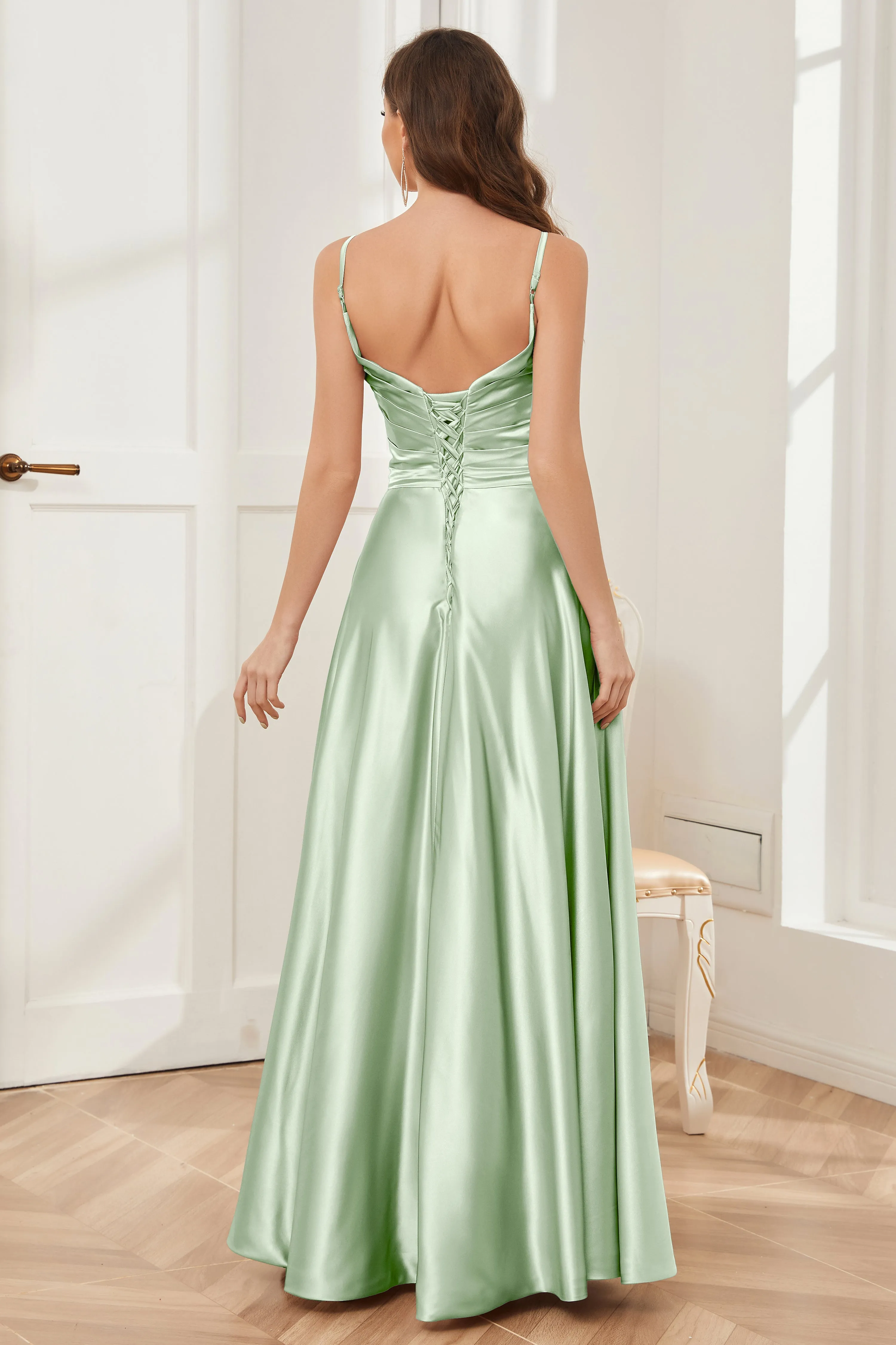 A-line V-neck Soft Satin Long Bridesmaid Dress with Pockets