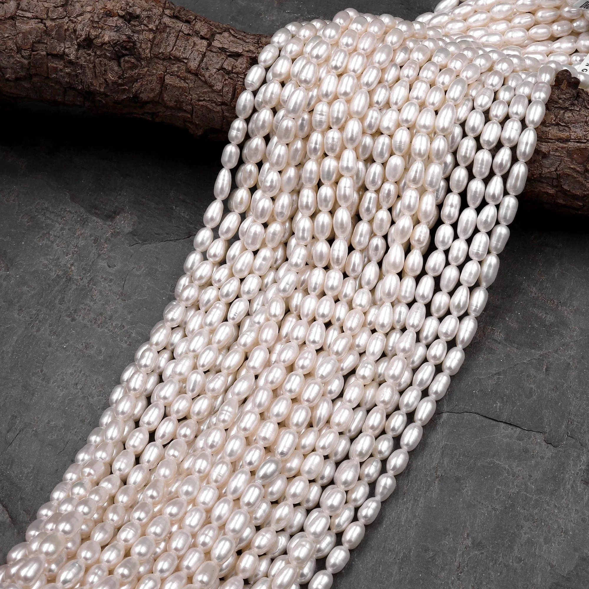 AAA Genuine White Freshwater Long Oval 6mm 8mm 10mm Pearl Shimmery Iridescent Classic White Pearl 15.5" Strand