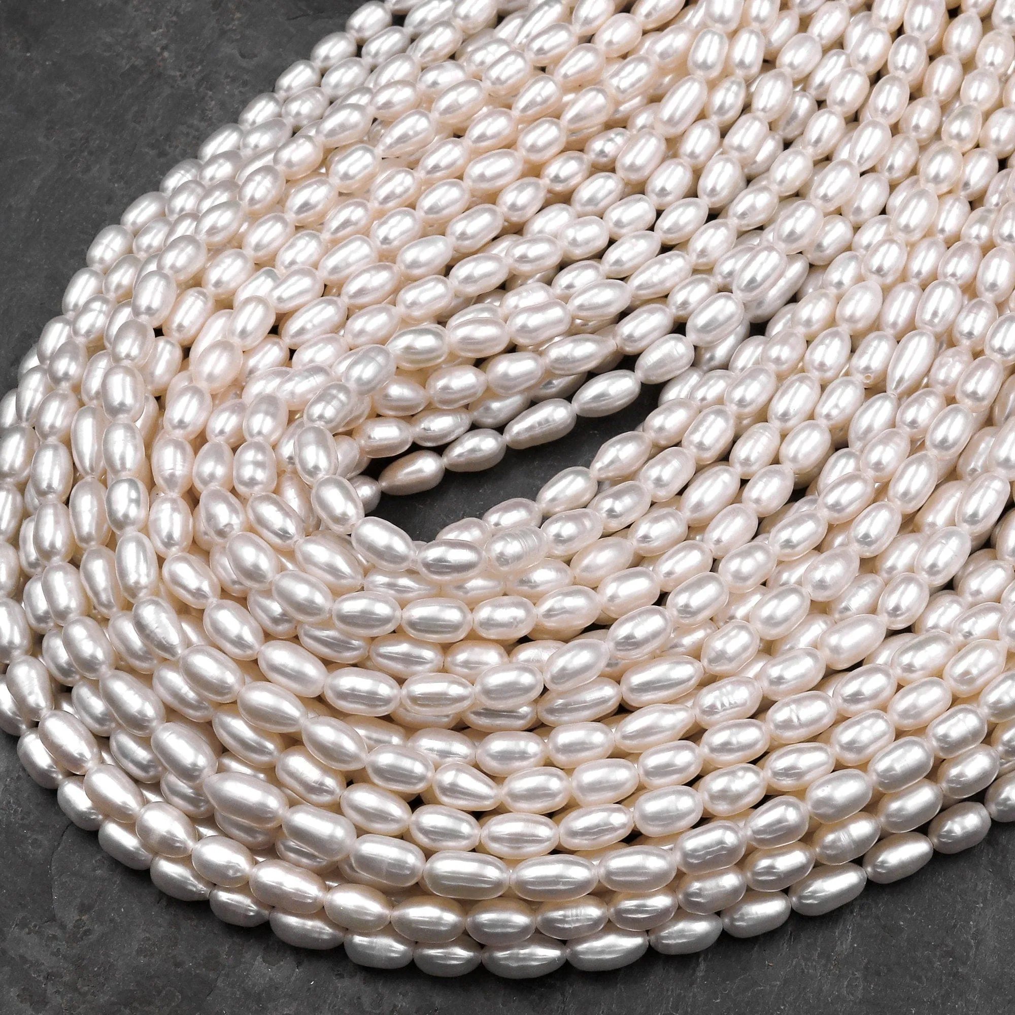 AAA Genuine White Freshwater Long Oval 6mm 8mm 10mm Pearl Shimmery Iridescent Classic White Pearl 15.5" Strand