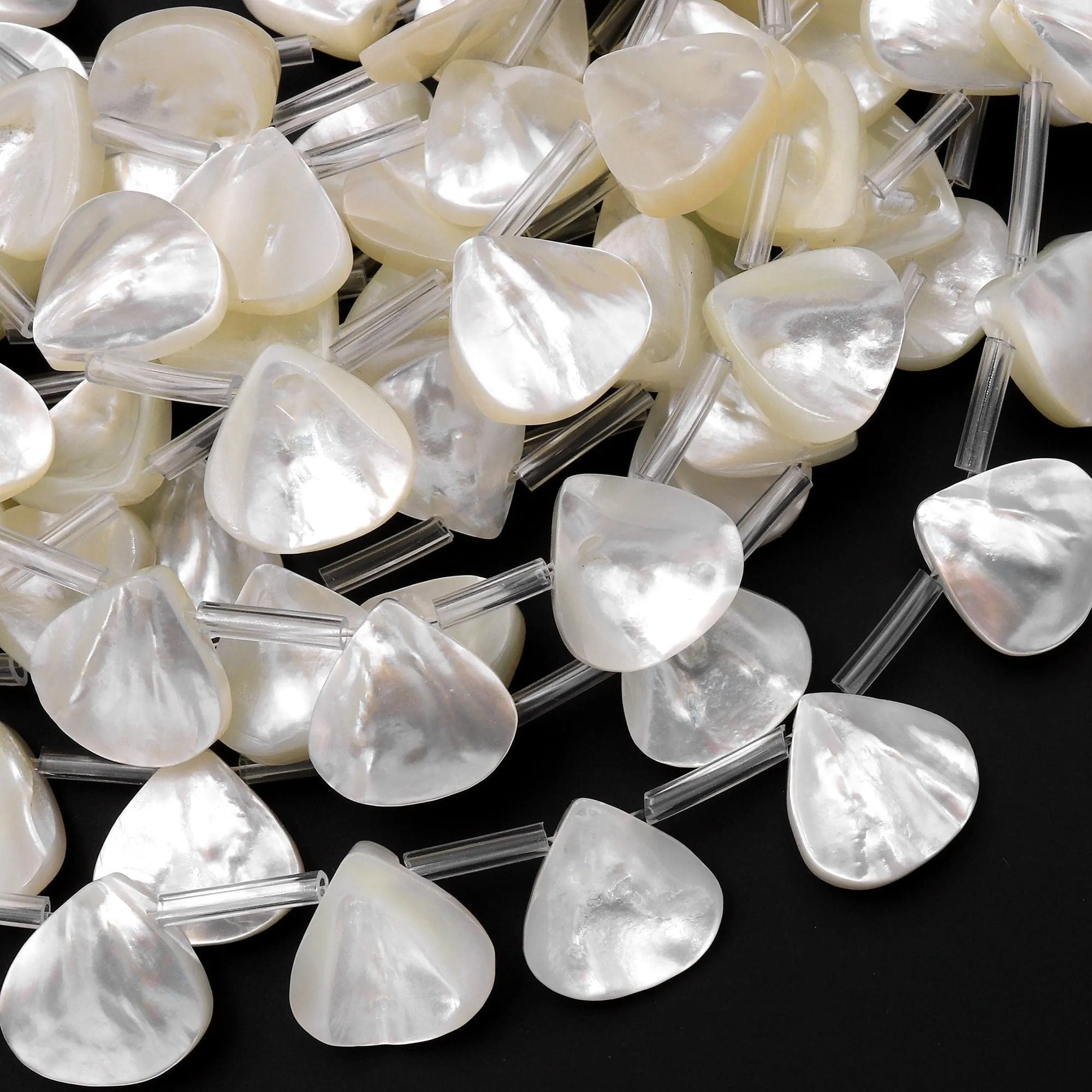 AAA Iridescent Hand Carved Natural White Mother of Pearl Sea Shell Teardrop Shape Beads 15.5" Strand