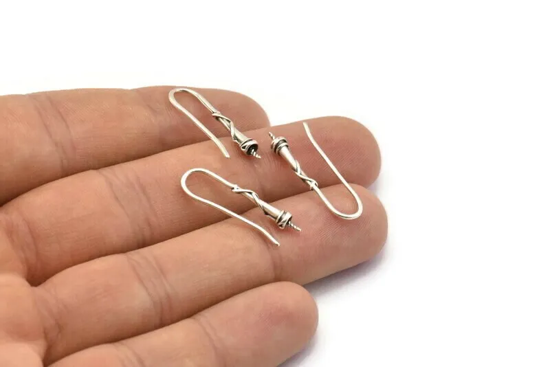 Antique Silver Ear Wires, Earring Hooks, 6 Antique Silver Plated Earring Setting for Pearl, Brass Findings, Crafts (23mm) BS 1708 H0309