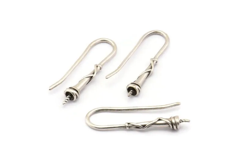 Antique Silver Ear Wires, Earring Hooks, 6 Antique Silver Plated Earring Setting for Pearl, Brass Findings, Crafts (23mm) BS 1708 H0309