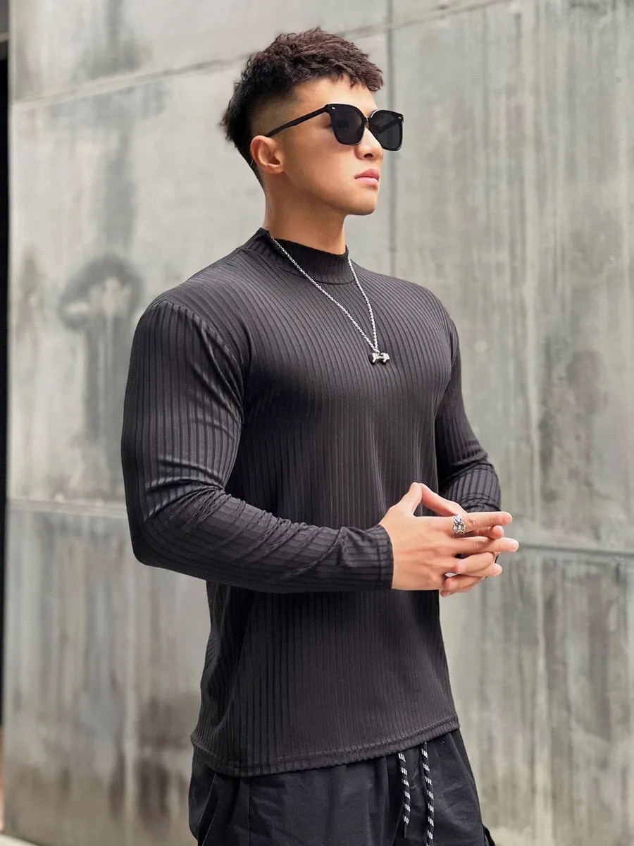 Autumn Casual Skinny T-shirt Men Long Sleeves Solid Shirt Gym Fitness Bodybuilding Tees Black Tops Male Fashion Stripes Clothing