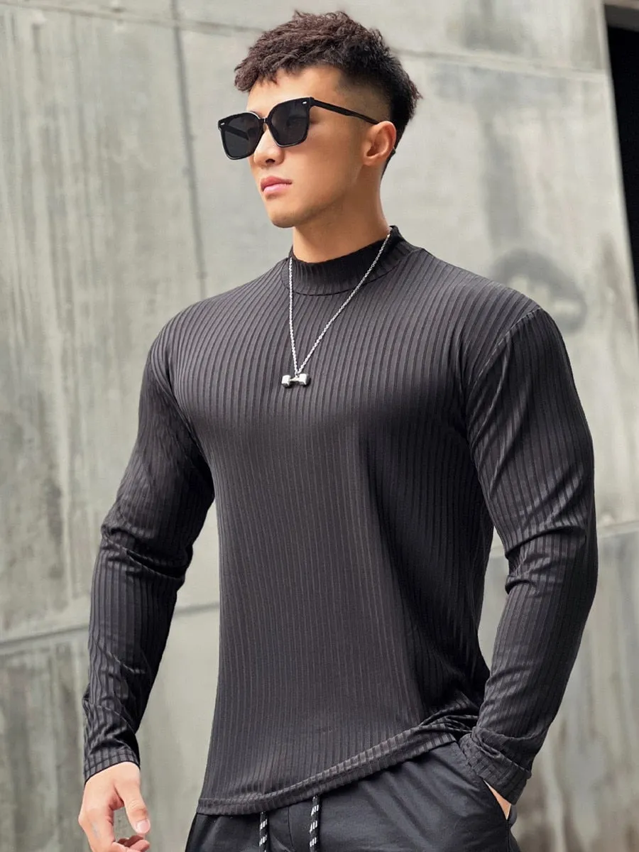 Autumn Casual Skinny T-shirt Men Long Sleeves Solid Shirt Gym Fitness Bodybuilding Tees Black Tops Male Fashion Stripes Clothing