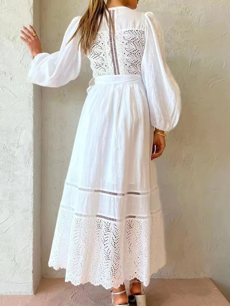 Autumn Lace Panel Lace Up Dress For Women Round Neck Long Sleeve High Waist Cut Out Solid Minimalist Dresses Female Clothing