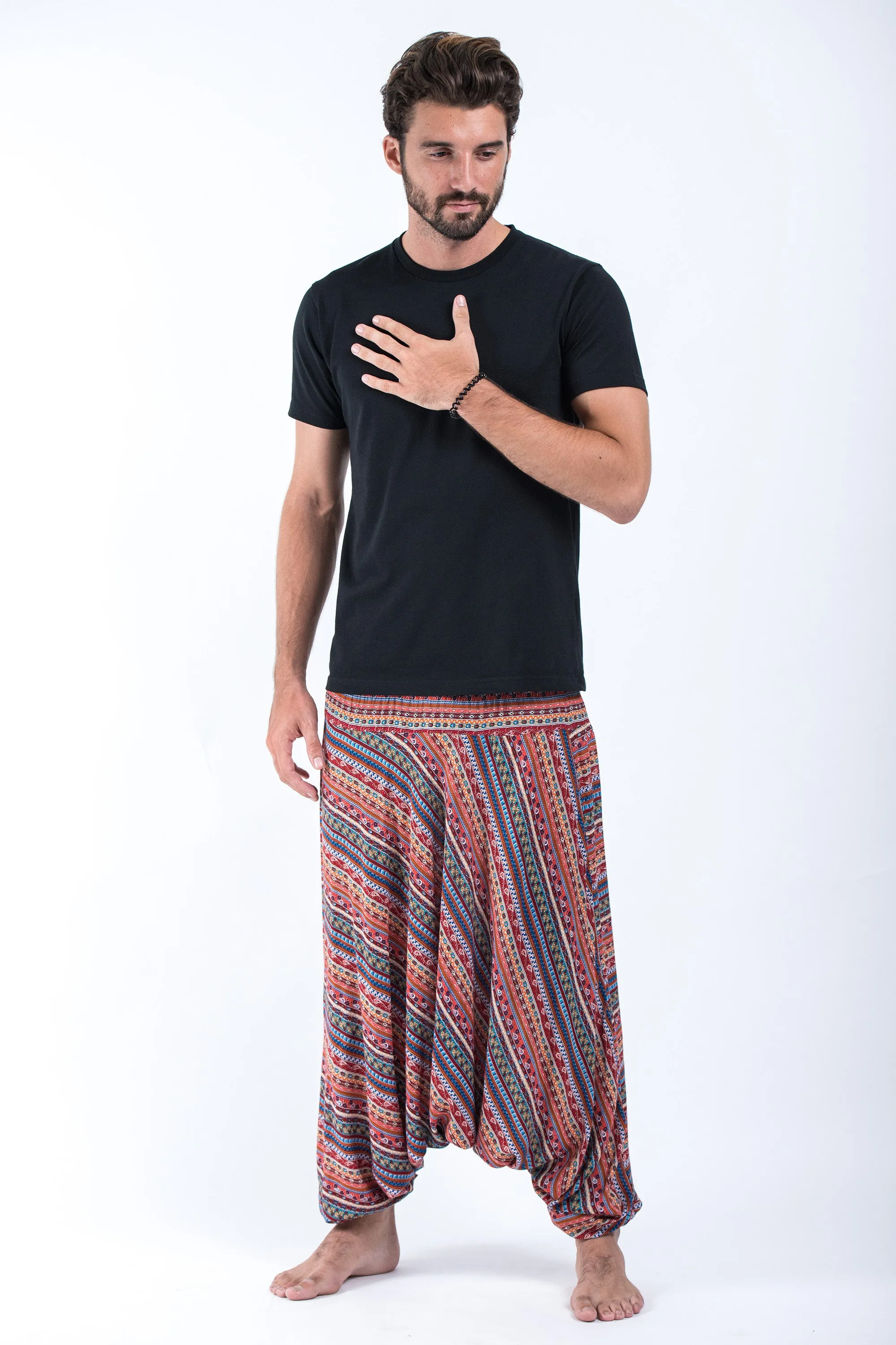 Aztec Stripes Drop Crotch Men's Harem Pants in Peach