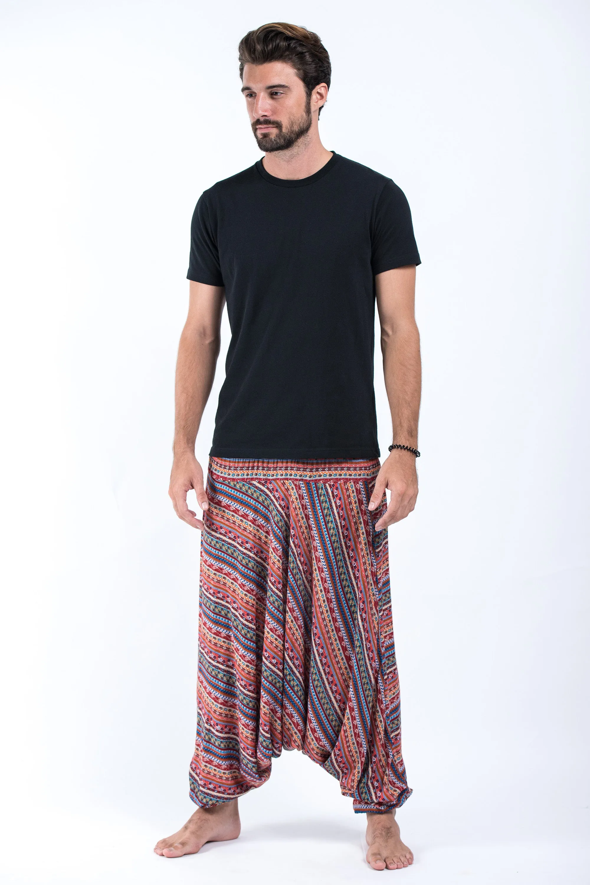 Aztec Stripes Drop Crotch Men's Harem Pants in Peach