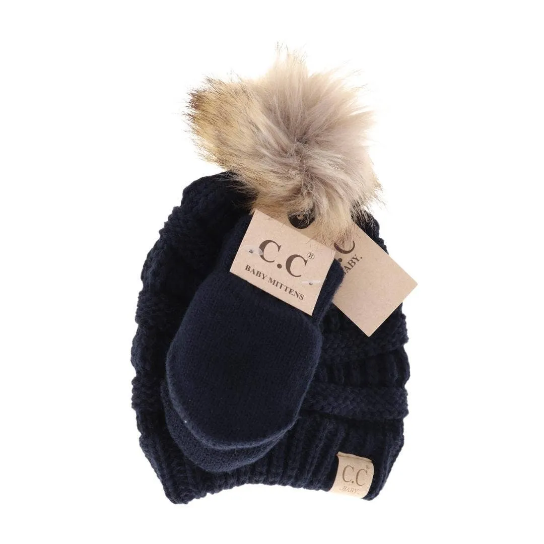 BABY Solid Knit Faux Fur Pom C.C Beanie with Mitten SET