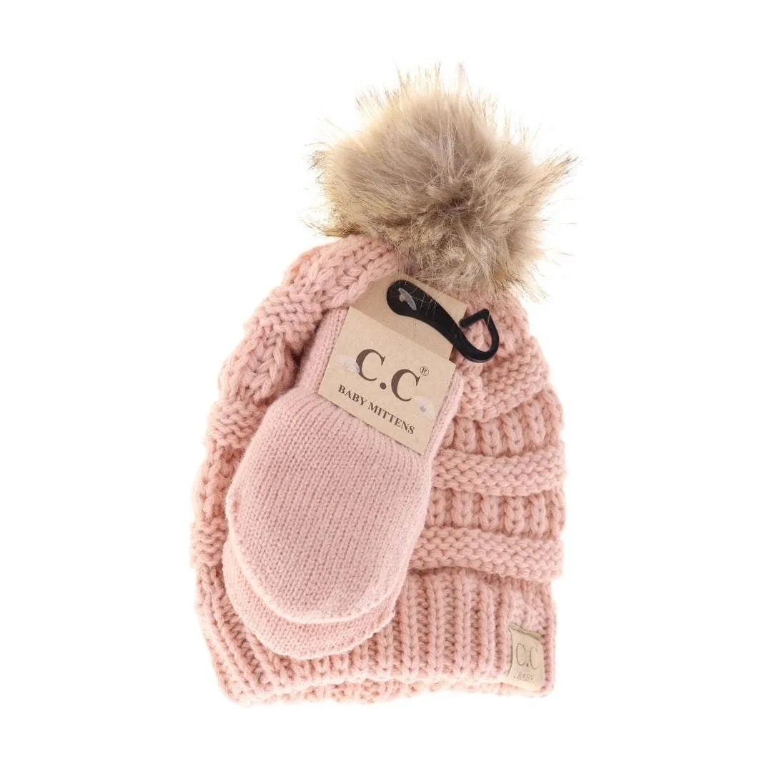 BABY Solid Knit Faux Fur Pom C.C Beanie with Mitten SET