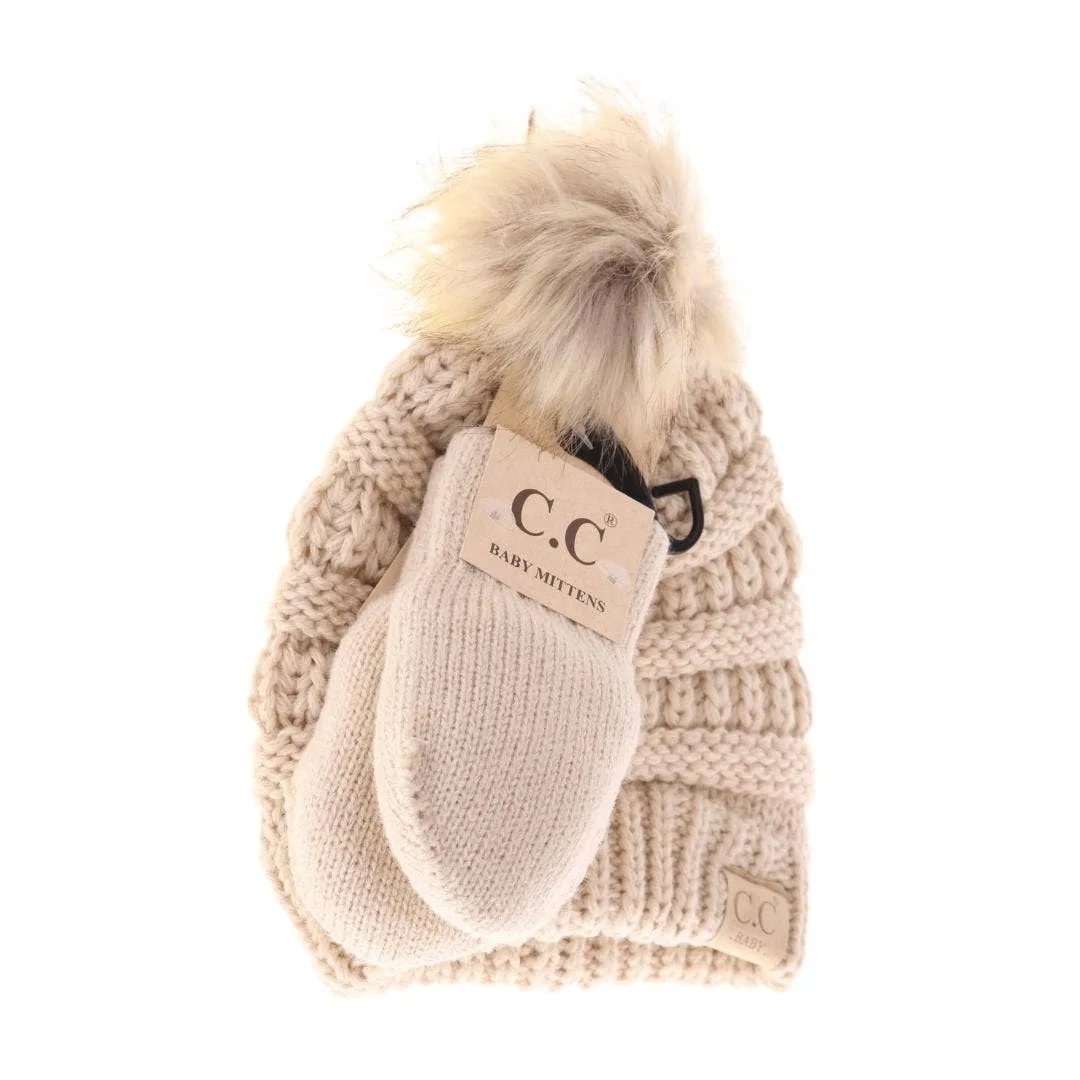 BABY Solid Knit Faux Fur Pom C.C Beanie with Mitten SET