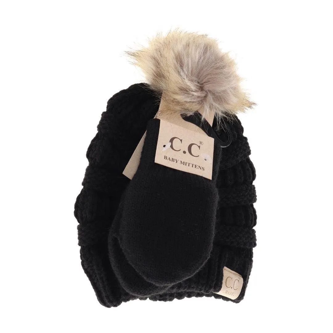 BABY Solid Knit Faux Fur Pom C.C Beanie with Mitten SET