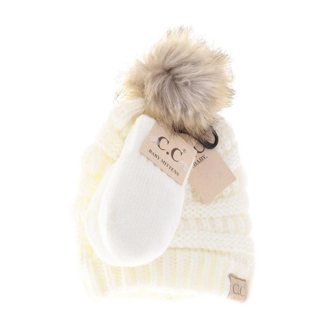 BABY Solid Knit Faux Fur Pom C.C Beanie with Mitten SET