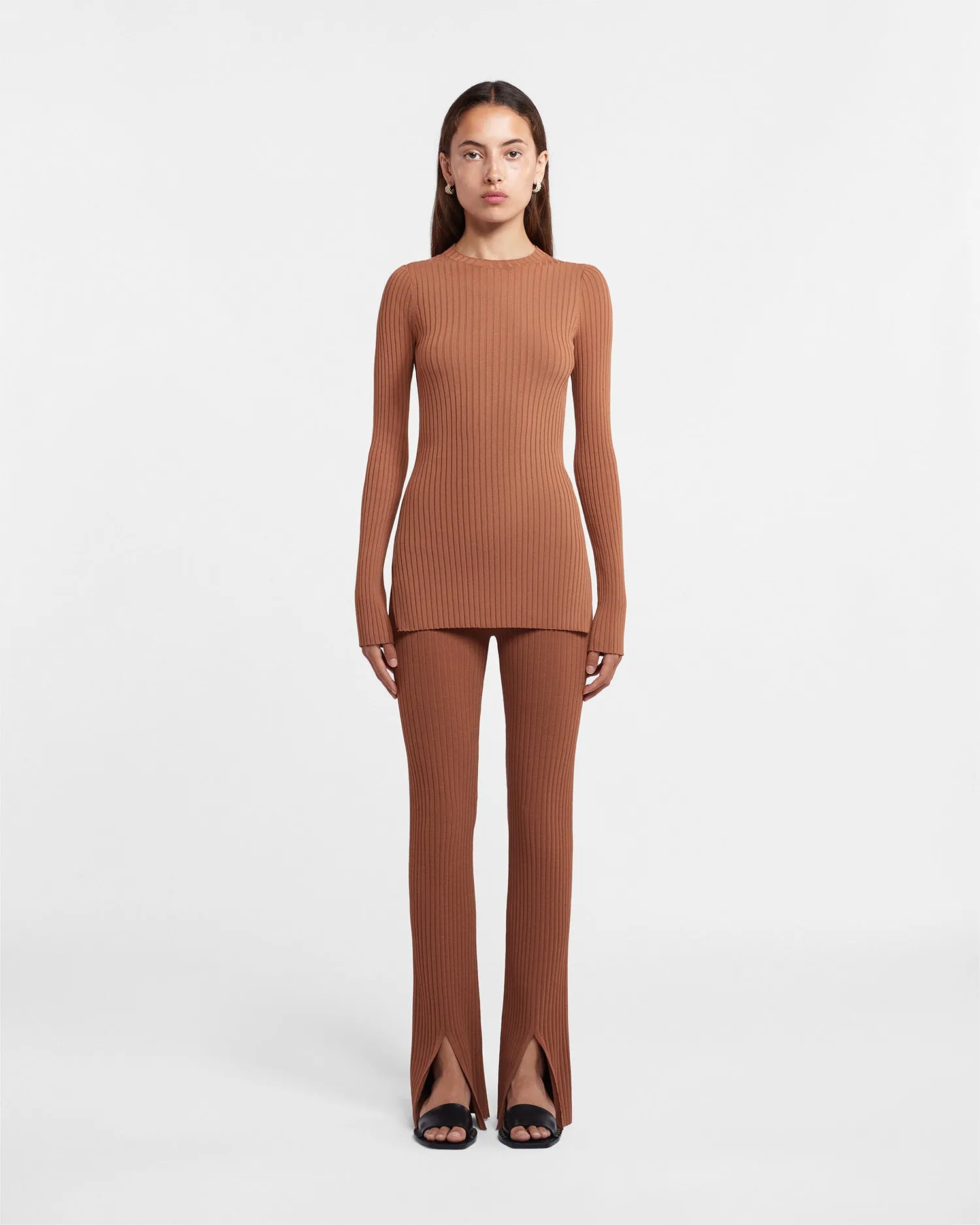 Bardia - Sale Ribbed-Knit Long-Sleeve Top - Chestnut