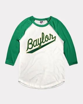 Baylor Baseball Script White & Green Raglan