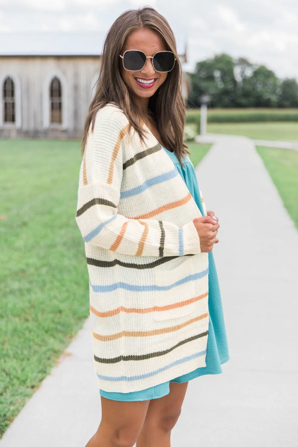 Beige Striped Full Sleeves Casual Cardigan