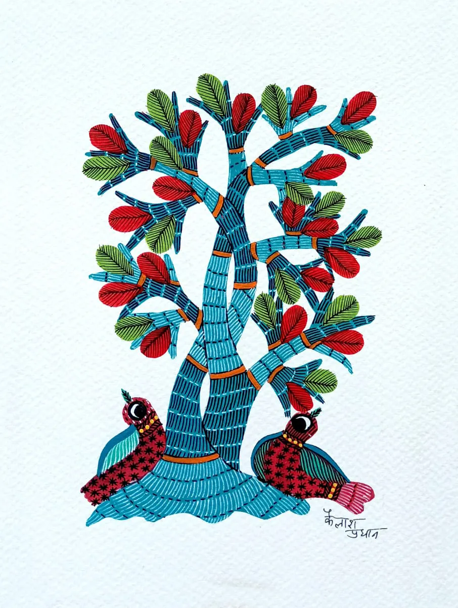 Birds under the Tree in Gond art by Kailash Pradhan