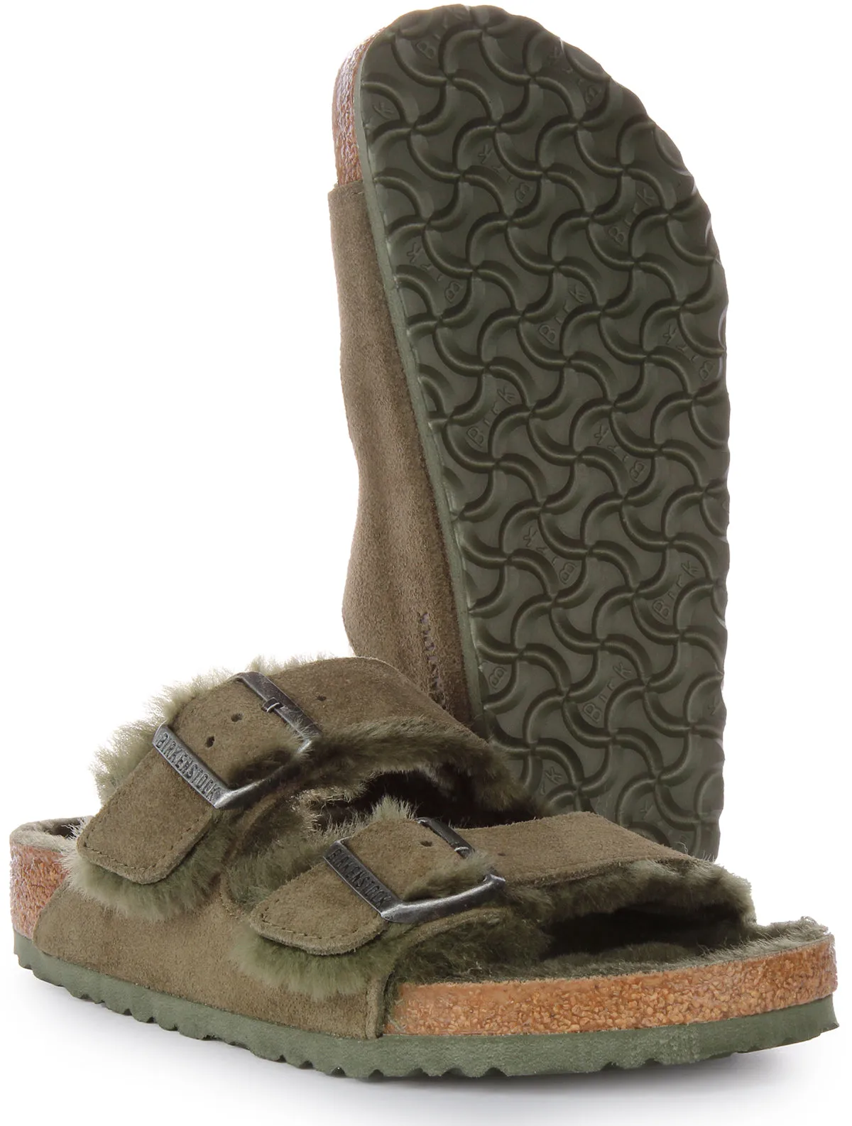 Birkenstock Arizona Shearling In Olive Green | Regular Fit