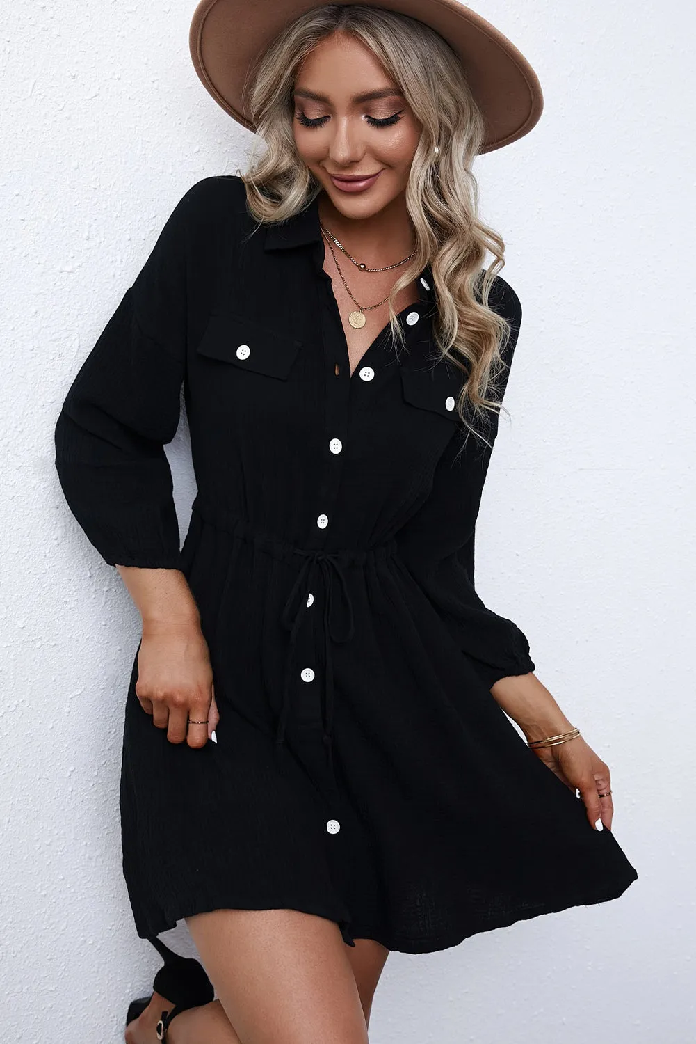 Black Collared Tunic Shirt Dress