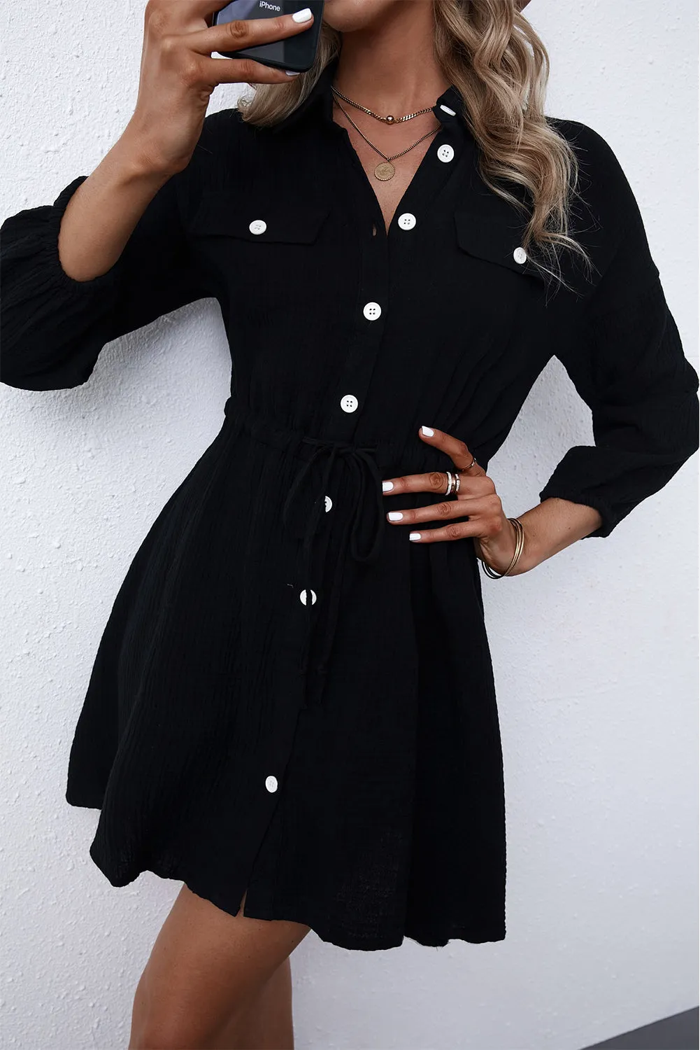 Black Collared Tunic Shirt Dress