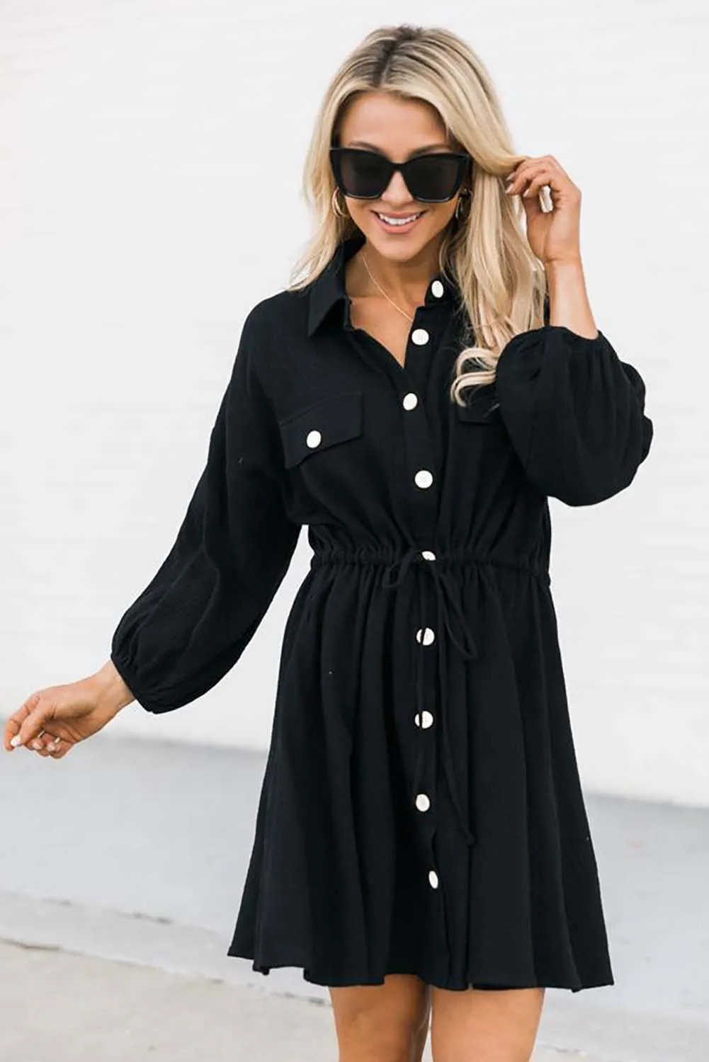 Black Collared Tunic Shirt Dress