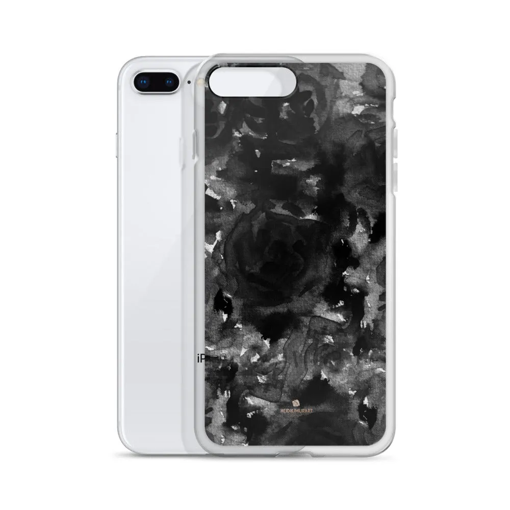 Black Floral Rose iPhone Case, Abstract Floral Art Watercolor Phone Case-Printed in USA/EU/MX