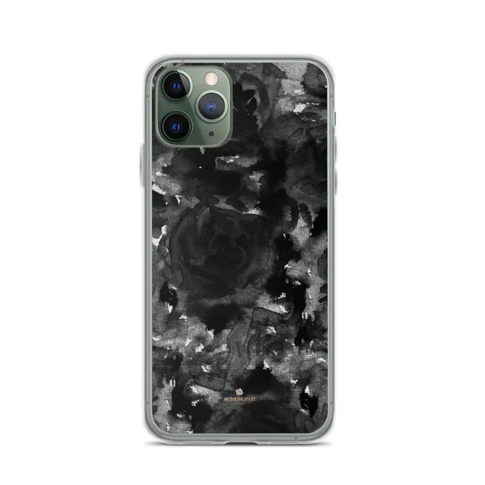 Black Floral Rose iPhone Case, Abstract Floral Art Watercolor Phone Case-Printed in USA/EU/MX