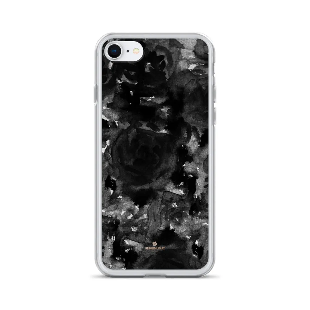 Black Floral Rose iPhone Case, Abstract Floral Art Watercolor Phone Case-Printed in USA/EU/MX