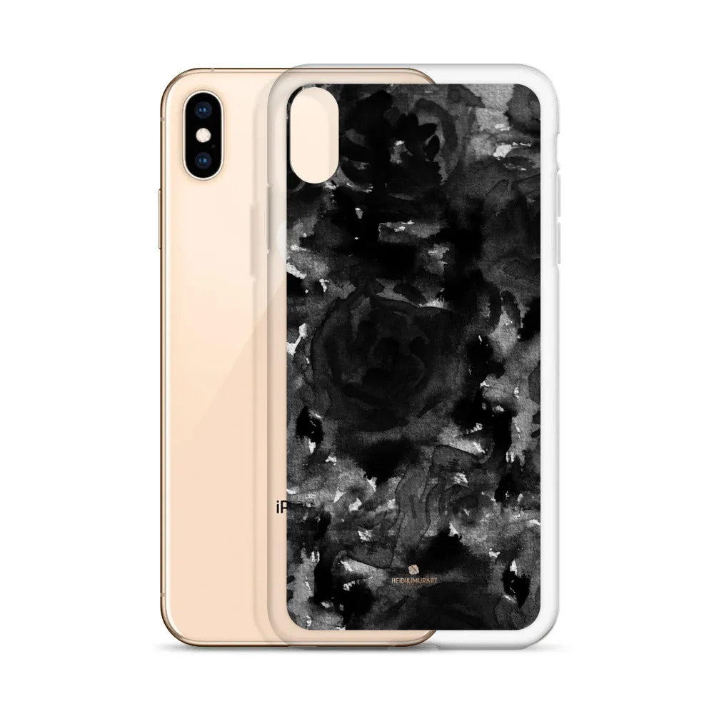 Black Floral Rose iPhone Case, Abstract Floral Art Watercolor Phone Case-Printed in USA/EU/MX