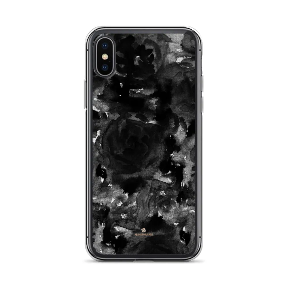 Black Floral Rose iPhone Case, Abstract Floral Art Watercolor Phone Case-Printed in USA/EU/MX