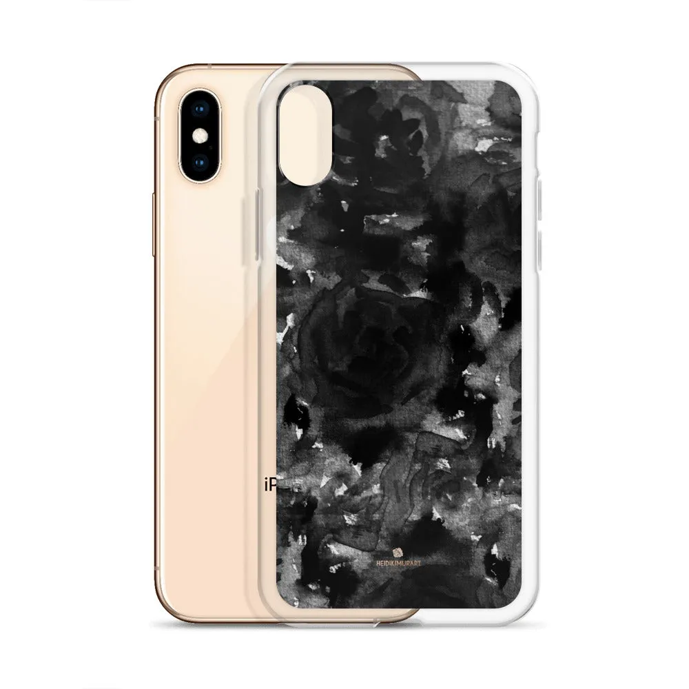 Black Floral Rose iPhone Case, Abstract Floral Art Watercolor Phone Case-Printed in USA/EU/MX