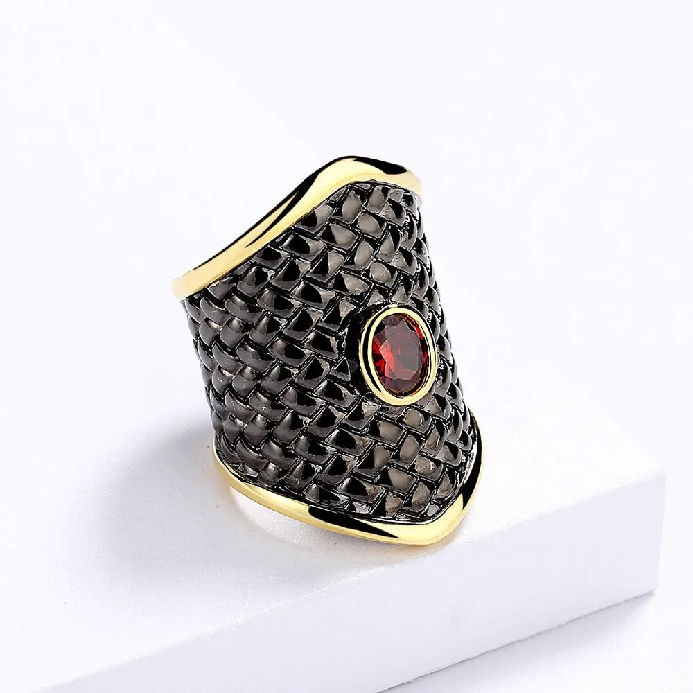 Black Gold Geometric Created Red Garnet Statement Ring