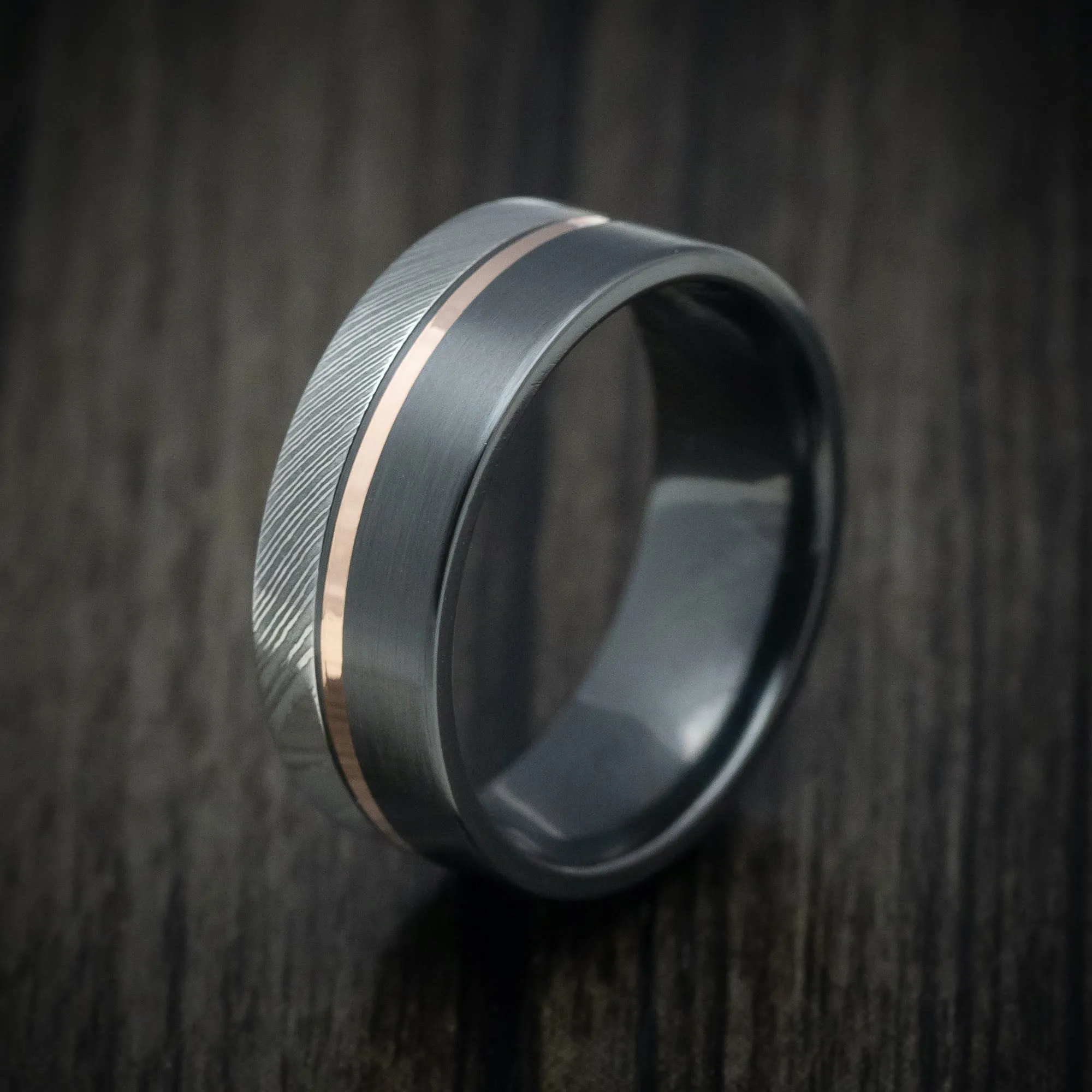 Black Titanium Men's Ring with Damascus Steel and 14K Gold Inlay Custom Made Band