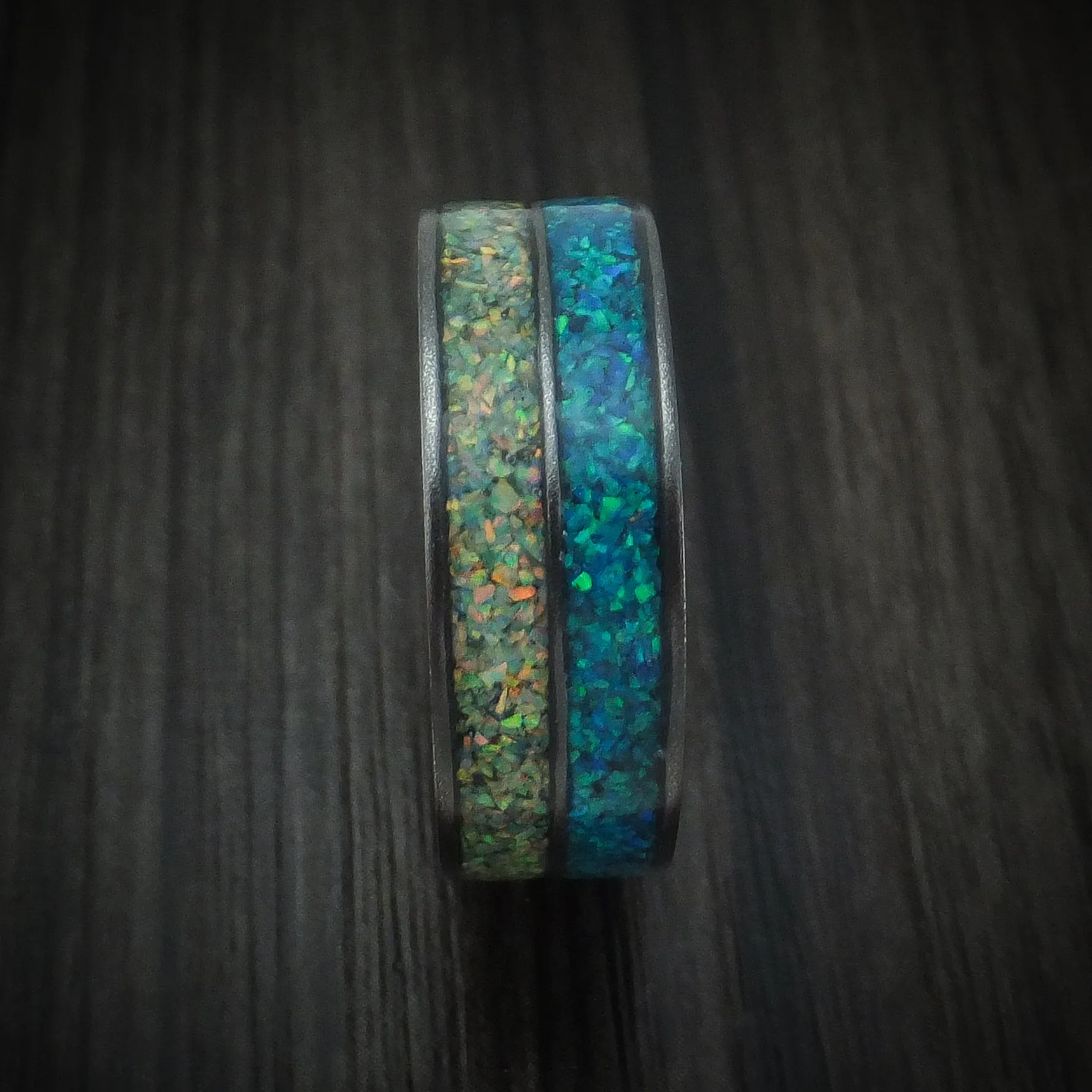 Black Zirconium And Opal Men's Ring Custom Made Band